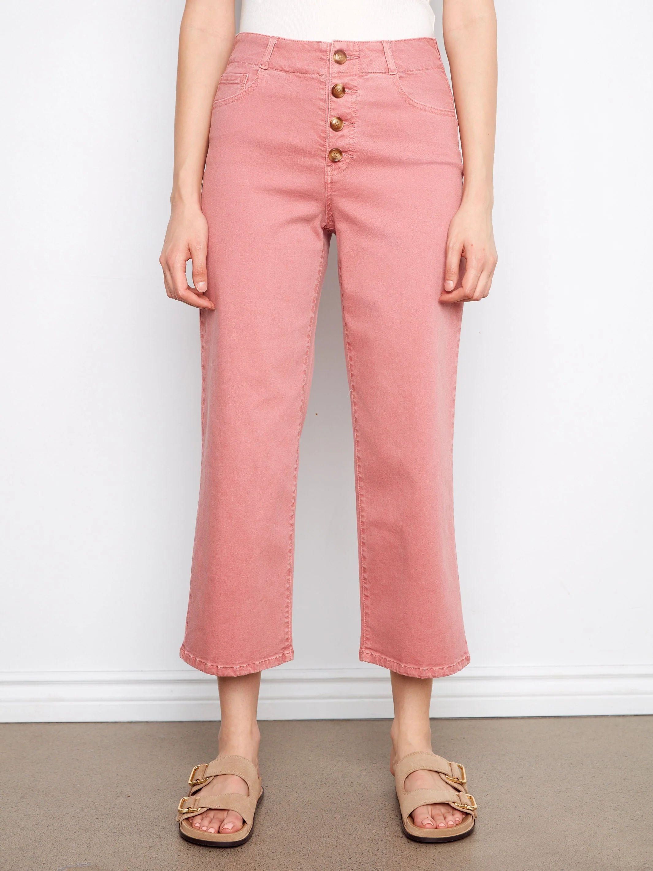 Front Button-Fly Crop Twill Pants - Rose Pink