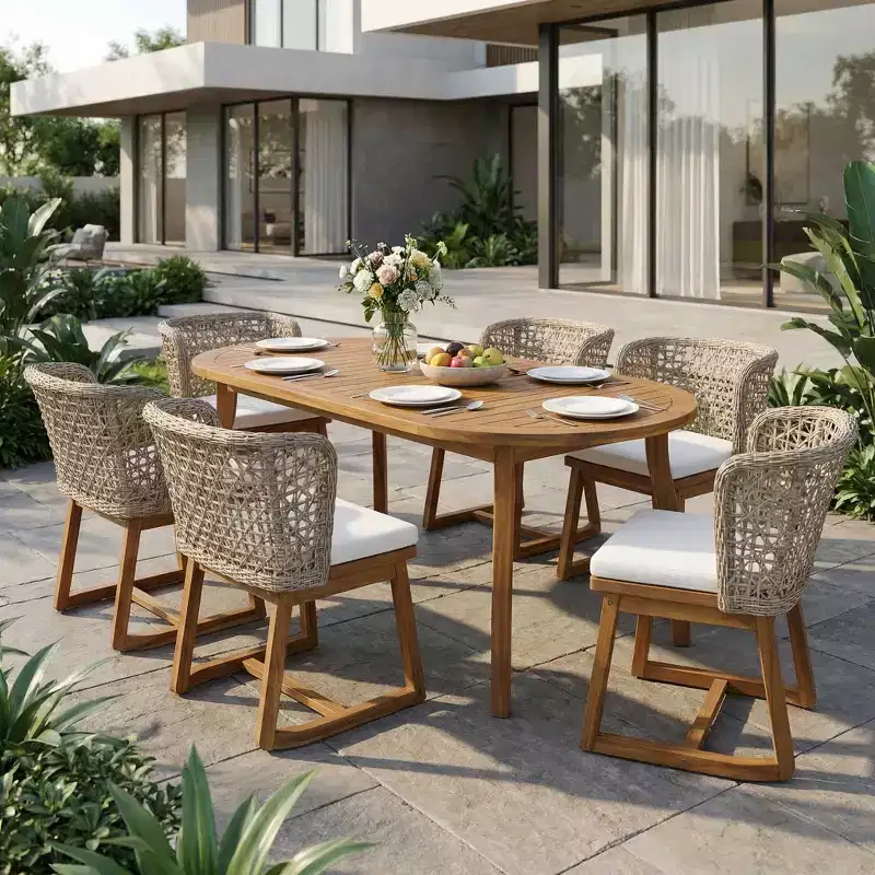 Christopher Knight Home Crunhi Modern 7 Piece Patio Acacia Dining Set with Slatted Table and Wicker Back