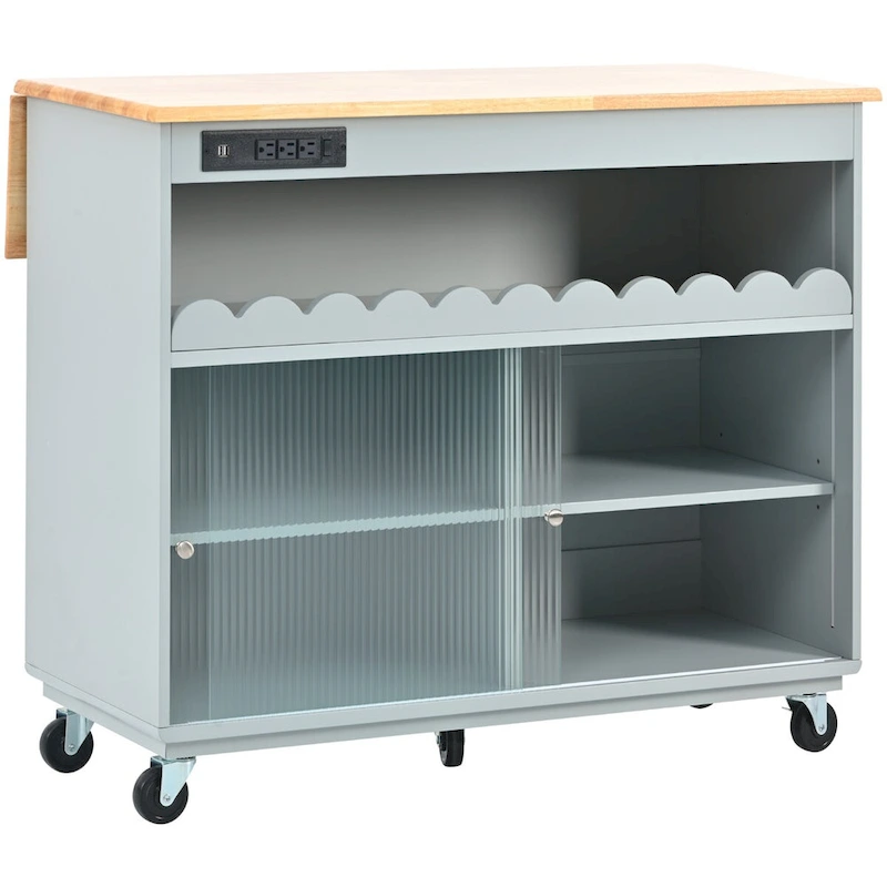 44 in. W Kitchen Island Rubberwood Drop-Leaf Countertop on 5 Wheels with Open Shelf and Wine Rack - 44