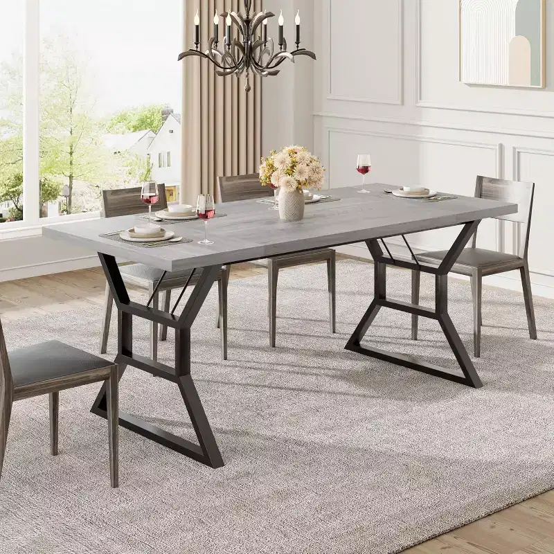 Rectangular Dining Table for 6 People, Kitchen Tables with Extra Heavy Duty Metal Legs, Gray