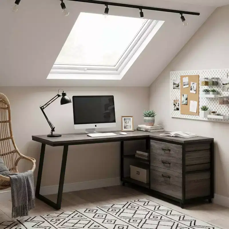 MAYEERTY Reversible L-Shaped Desk with 3 Drawers & Open Shelves, 53 Home Office Computer Desk