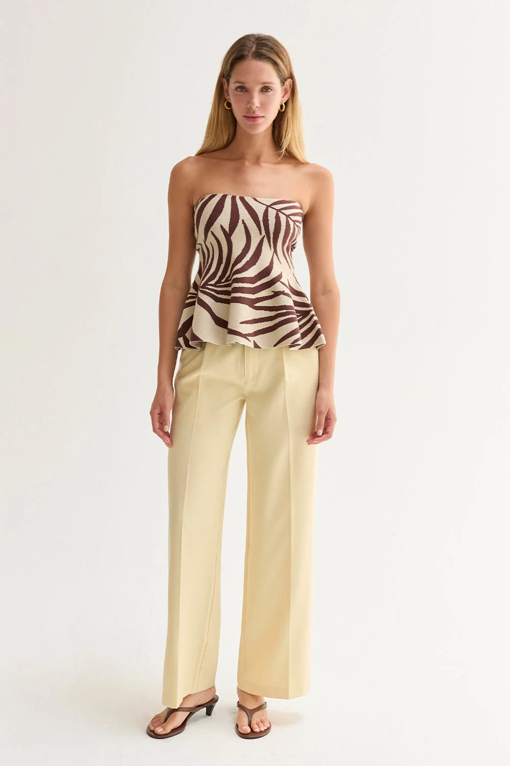 Leaf Print Jacquard Knit Peplum Top