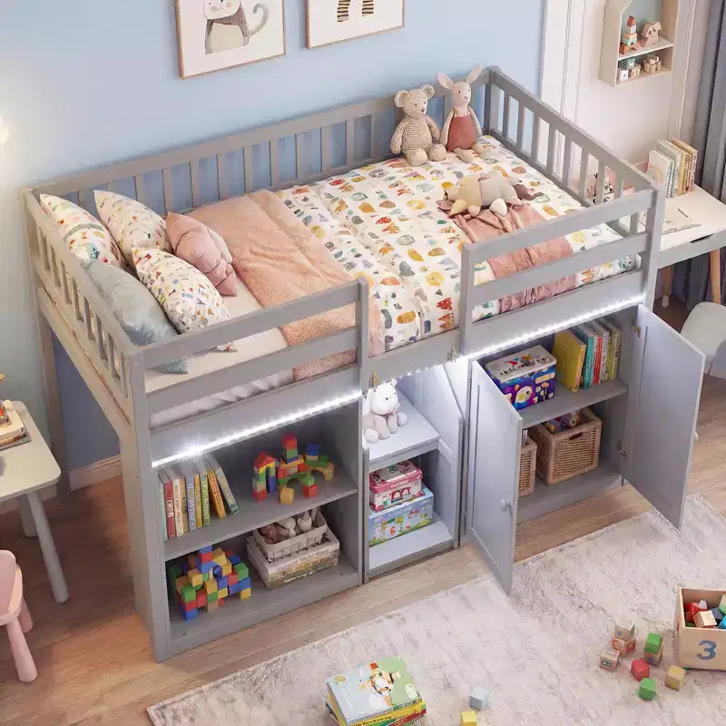 Twin Low Loft Bed with LED Light, Stairs & Guardrails, Modern Pine Wood Kids Bed, White/Mint/Gray