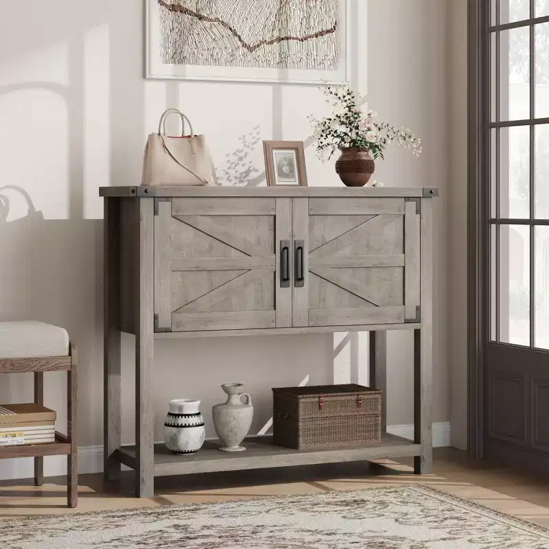 Sofa Tables with Double Door, Console Table with Storage Shelf and Open Shelf, Wooden Console Table, Entryway Table for Kitchen, Dining Room