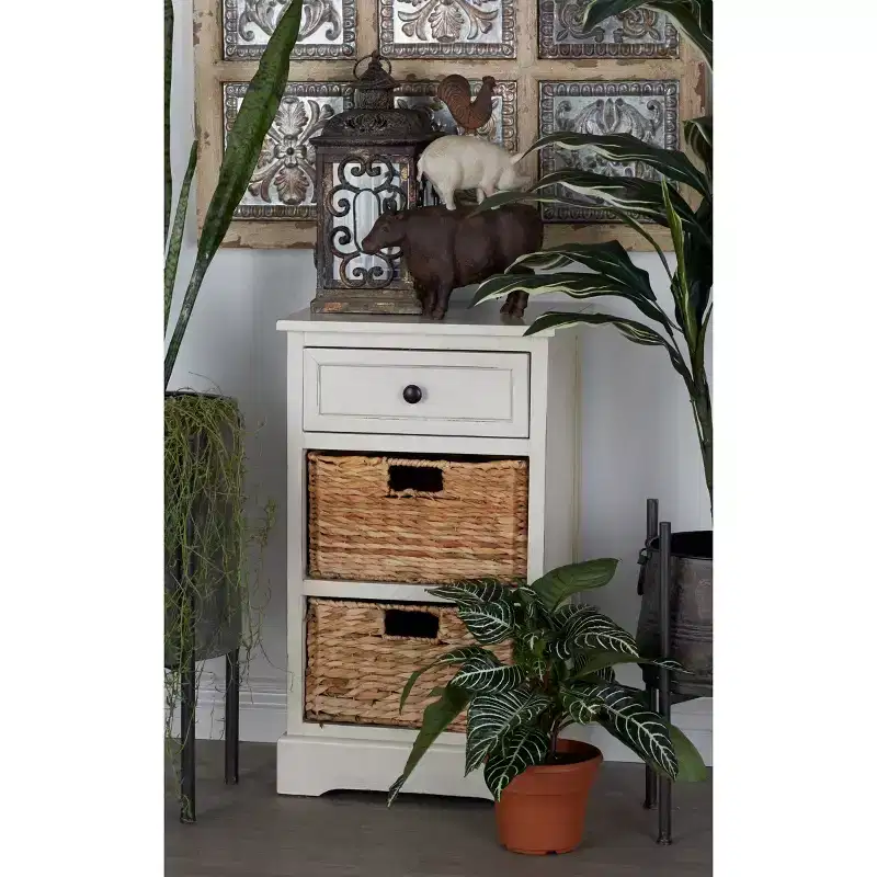 Farmhouse Wood and Wicker Basket Side Table White - Olivia & May: Storage Unit with 3 Drawers