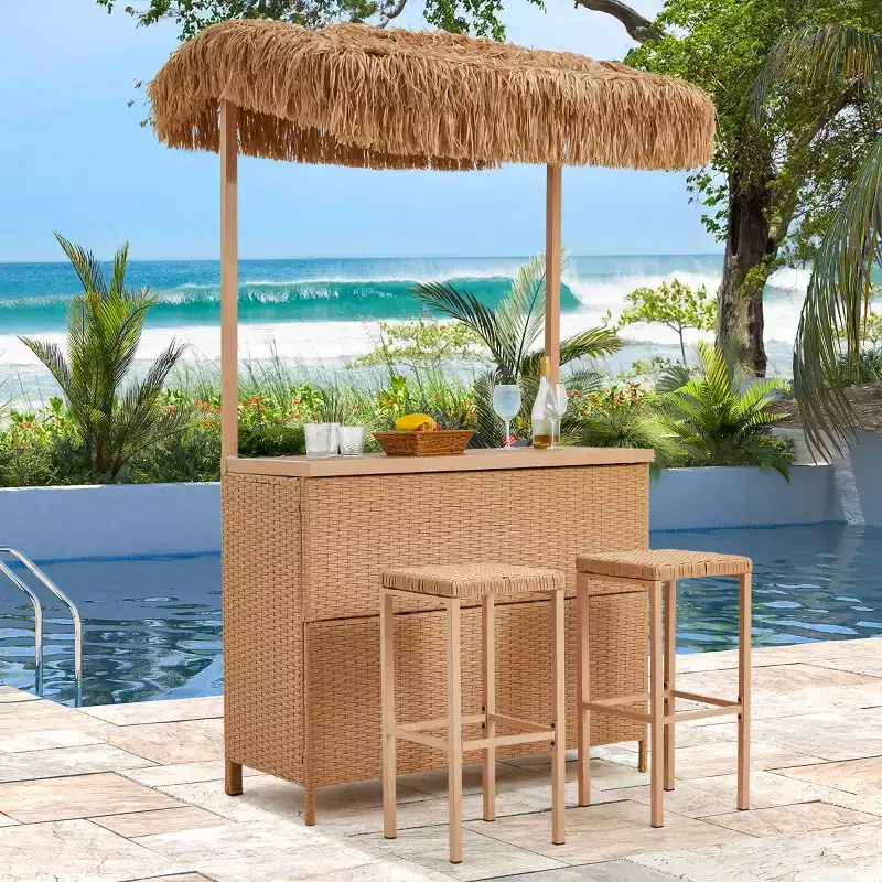 EROMMY Outdoor Tiki Bar Set, Wicker Patio Bar w/2 Stools, Storage Shelf for Backyard Poolside Garden