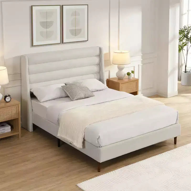 Queen and King Size Platform Bed Frame with High Wavy Headboard, Chenille Upholstered