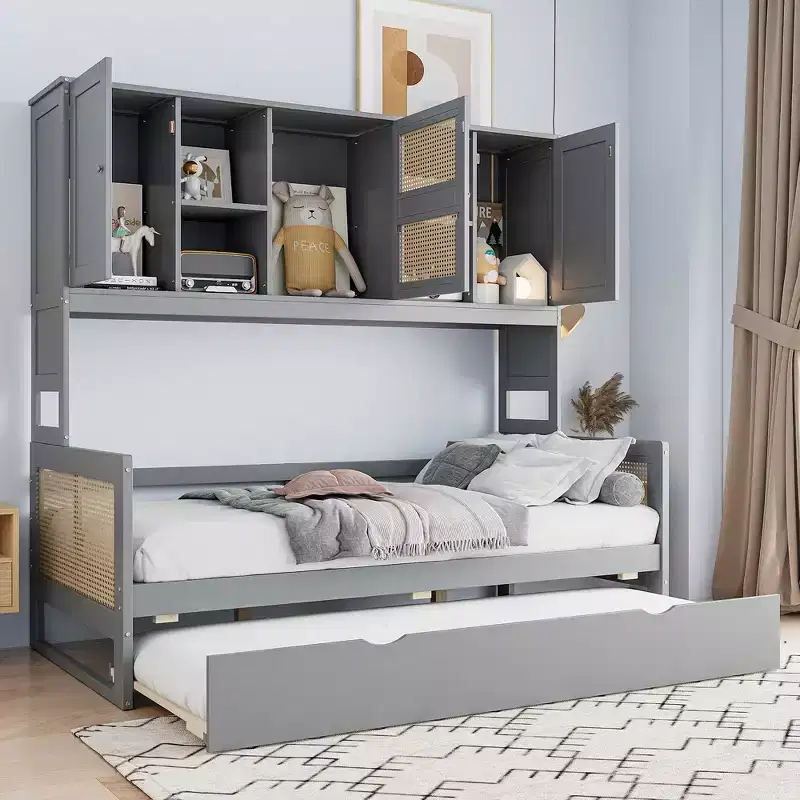 Twin/Full Size Wooden Daybed with Trundle, Built in Storage Cabinet & Shelves, Multifunctional Bed Frame for Kids & Guests, White/Gray