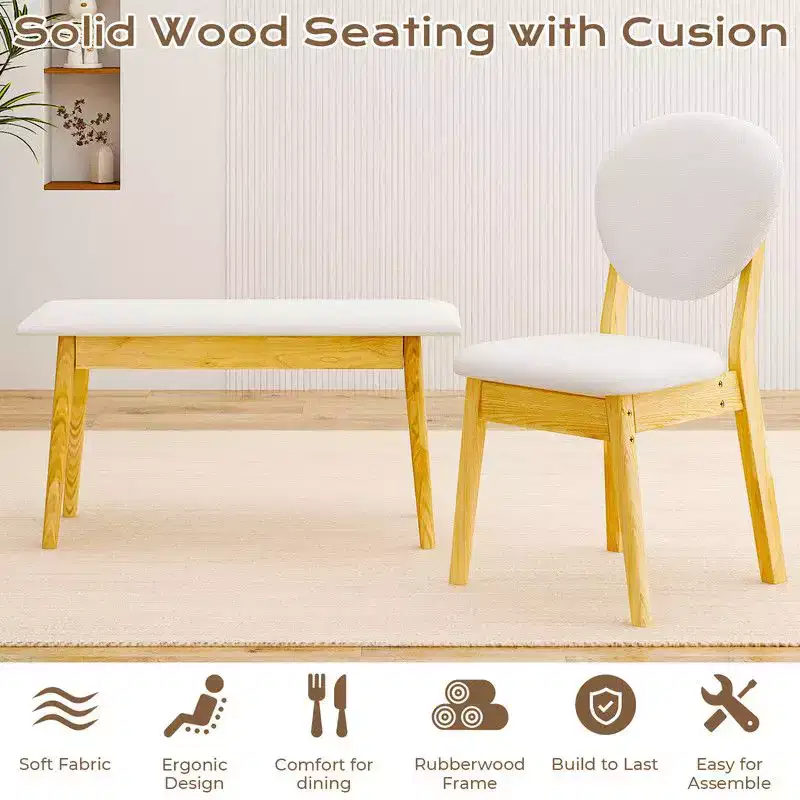Karl Home 47''Dining Table Set For 4,Solid Wood Kitchen Table With Bench And 2 Chairs With upholstered Backrest