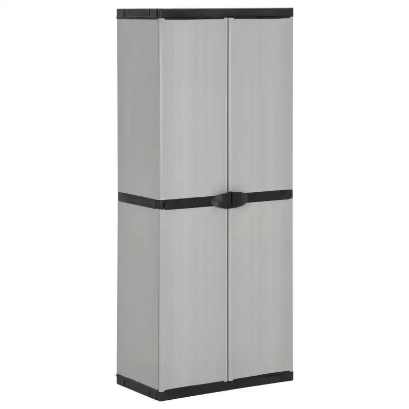 Outdoor Garden Storage Cabinet - Compact Gray & Black PVC Design with 3 Shelves and Lockable Doors - 26.8x15.7x66.1