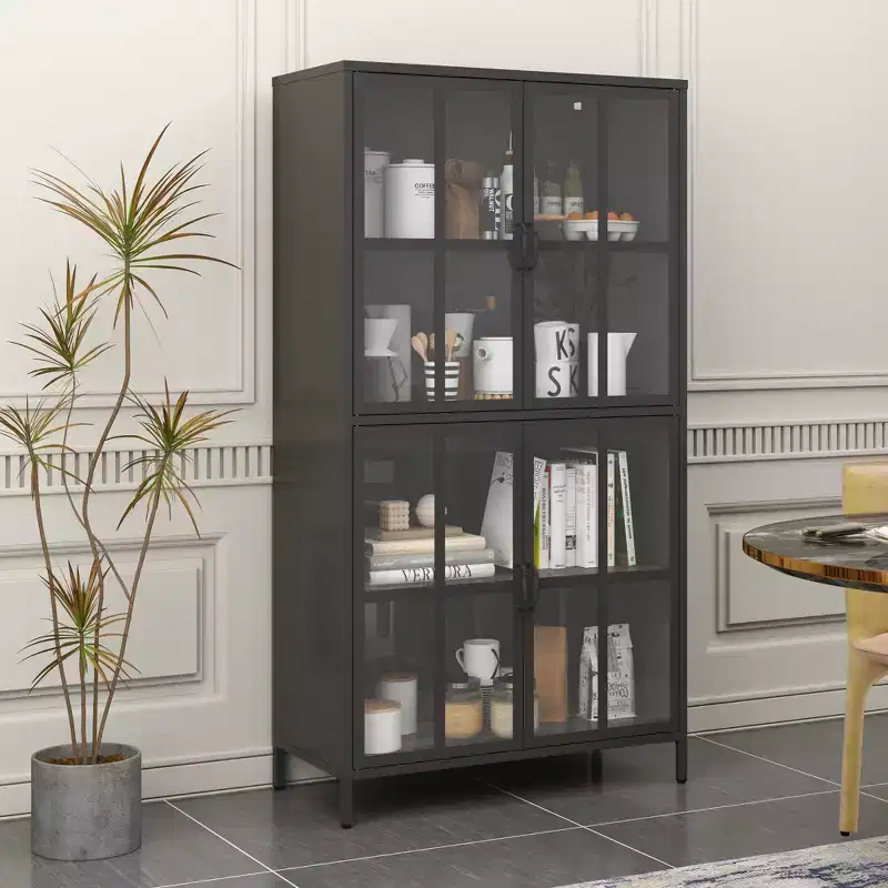 GDFStudio Justus Metal Storage Cabinet with Tempered Glass Doors and Adjustable Shelves