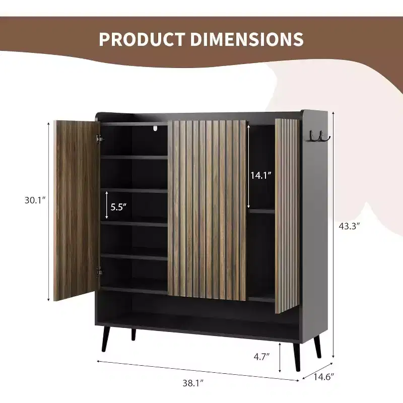 3-Door Shoe Cabinet with Storage Hooks, 6-Tier Shoe Organizer for Entryway, Hallway & Living Room