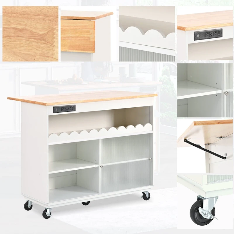 44 in. W Kitchen Island Rubberwood Drop-Leaf Countertop on 5 Wheels with Open Shelf and Wine Rack - 44
