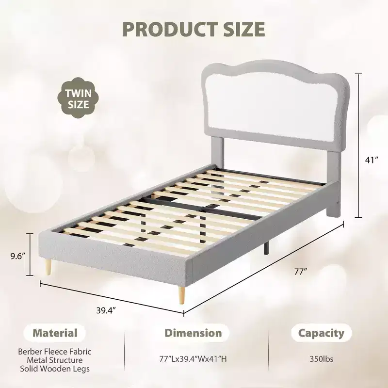 Coolmee Magic Ring Full Berber-Fleece Bed, 350 lb Solid-Wood Legs, Velcro MDF Slats, Noise-Free, Tool-Free Assembly for Kids, Gray