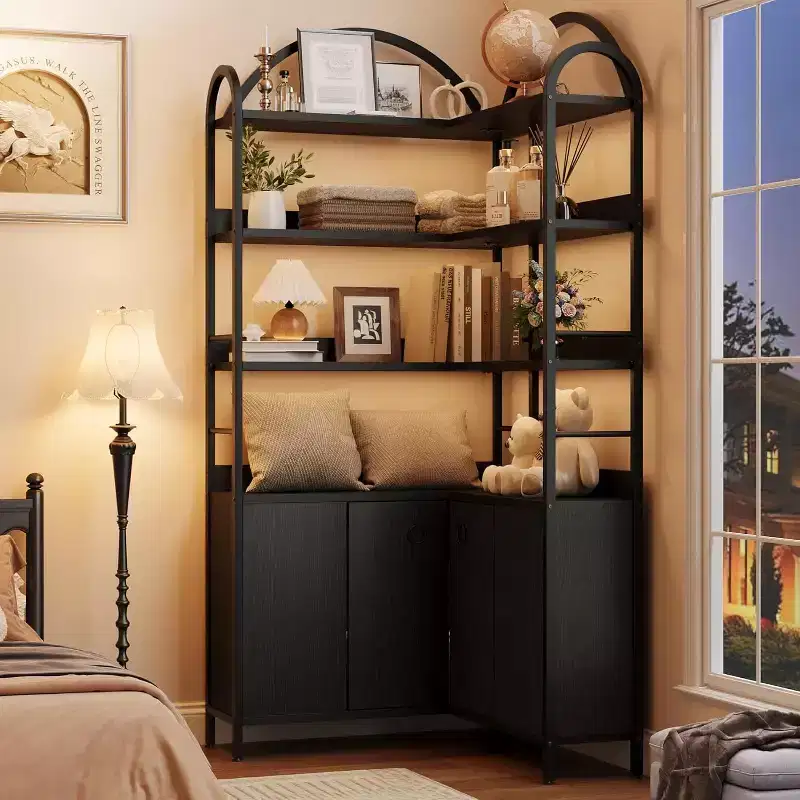 6-Tier Corner Bookshelf 74H L-Shaped Bookcase with Cabinet Doors Storage for Living Room Home Office