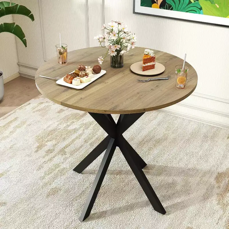 Round Dining Table 31.5'', Small Dining Table for 2-4 with Metal Black Legs - Brown