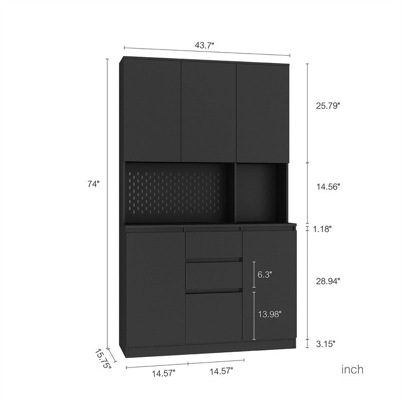 Kitchen Pantry Cabinet with Microwave Stand and 2 Drawers, Freestanding Buffet Cupboards Sideboard with Charging Station
