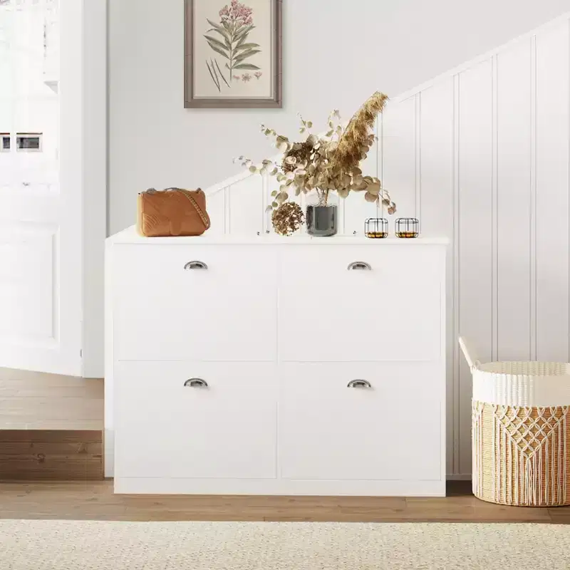 40-inch Concealed Ultra-Slim Shoe Cabinet with 4 Flip-Top Drawers and Anti-Tip Mechanism, Suitable for Entryways and Bedrooms, White