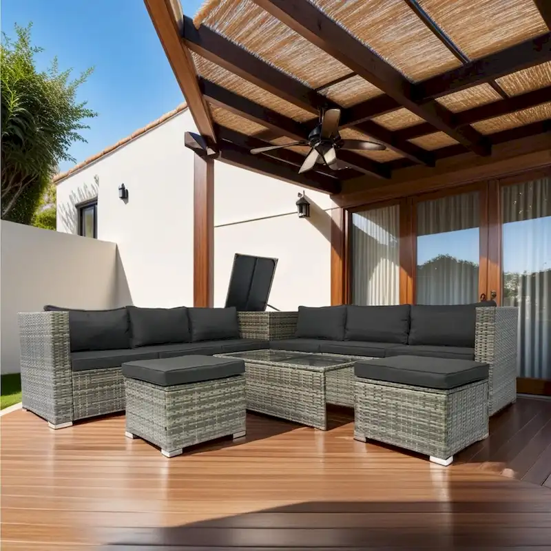 8 Pcs Patio L-Shaped Sectional Sofa Set, Outdoor Wicker Rattan Furniture Set with One Storage Box Under Seat and Coffee Table