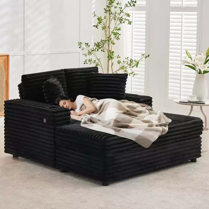54 Inch Oversized Corduroy Chaise Lounge Chair,Upholstered Sofa Bed,w/ Charging Station,Cup Holders & Pillows,Corduroy Couch for Living Room, Bedroom