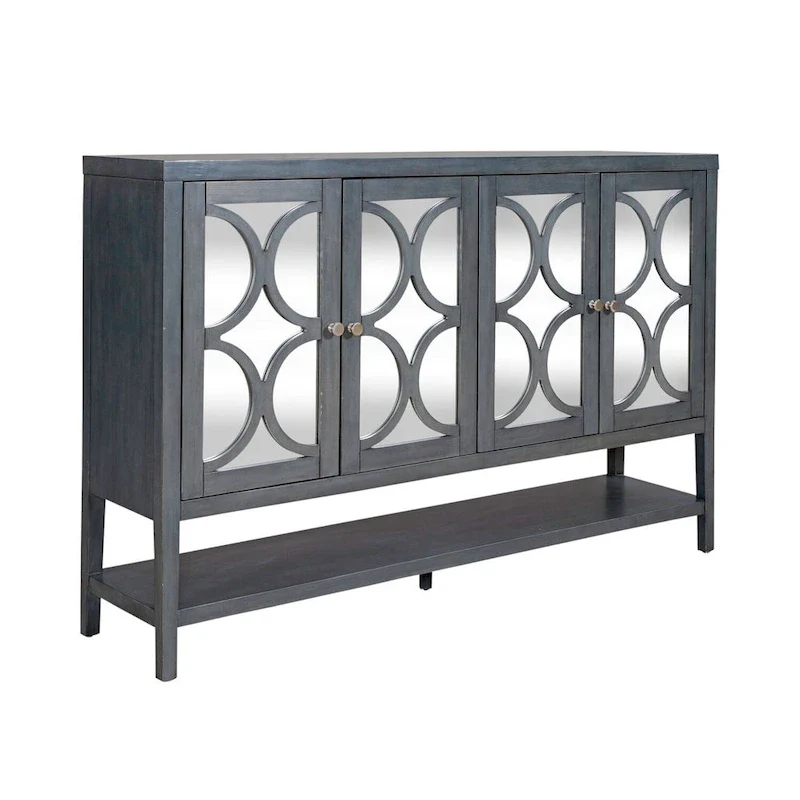 4-Door Mirrored Accent Cabinet with Circular Overlays – Blue Dusk, Wood, Tapered Legs