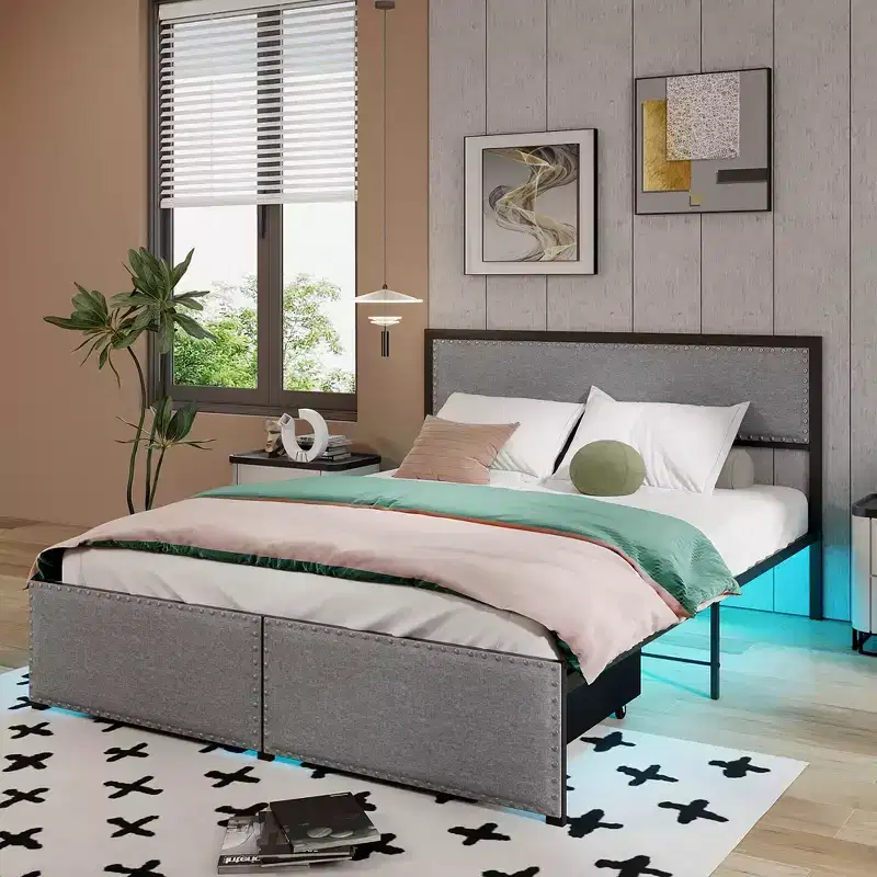 Queen Size Bed Frame w/ 2 Storage Drawers LED Lights Slats Support Modern