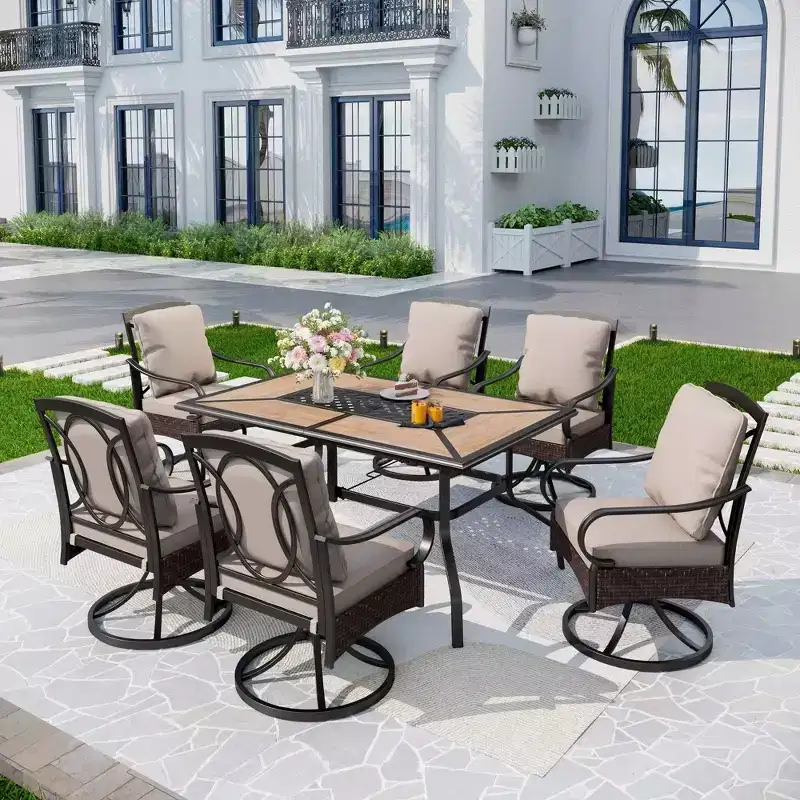 7pc Outdoor Dining Set with Swivel Chairs with Seat & Back Cushions & Faux Wood Table with Metal Frame & Umbrella Hole - Captiva Designs