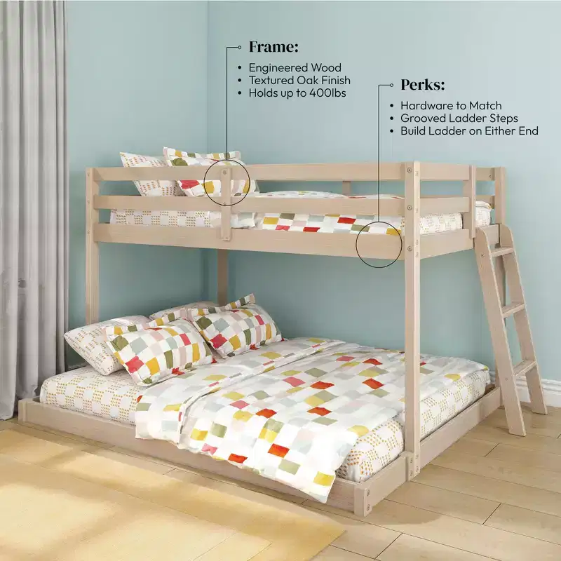 Low Bunk Bed for Kids – Twin over Full, Engineered Wood, 400 lbs, 49