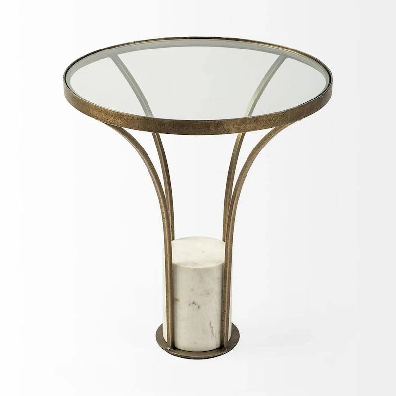 Glass Top with Gold Metal and White Marble Pedestal Round Side Table