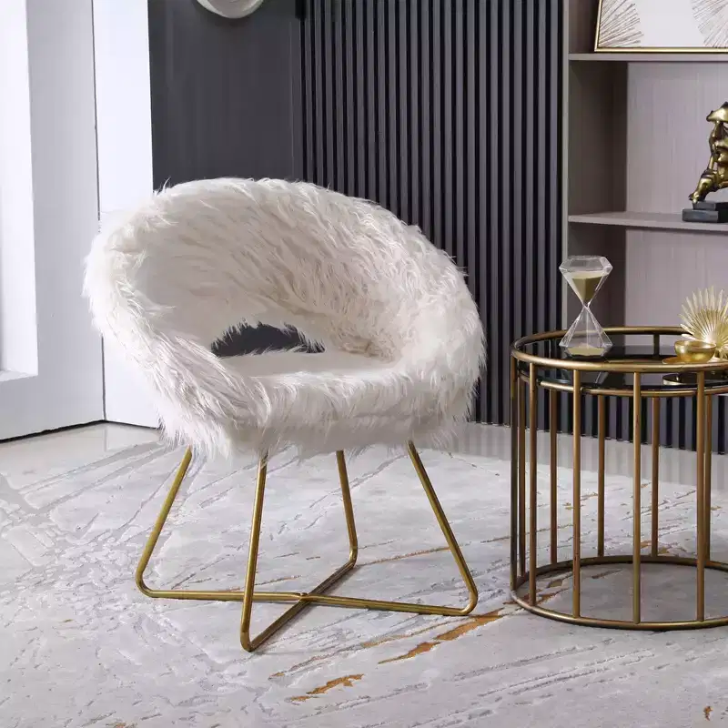 TUYOHW Faux Fur Accent Chair,Upholstered Barrel Chair with Gold Tone Sled Base,Non-Scratch Foot Caps,Modern Lounge Armchair for Living Room,Bedroom