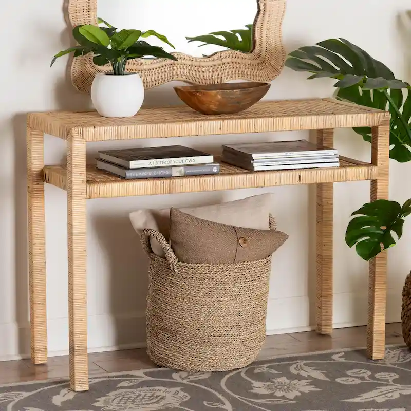 Light Honey Bohemian Rattan & Acacia Wood Console Table