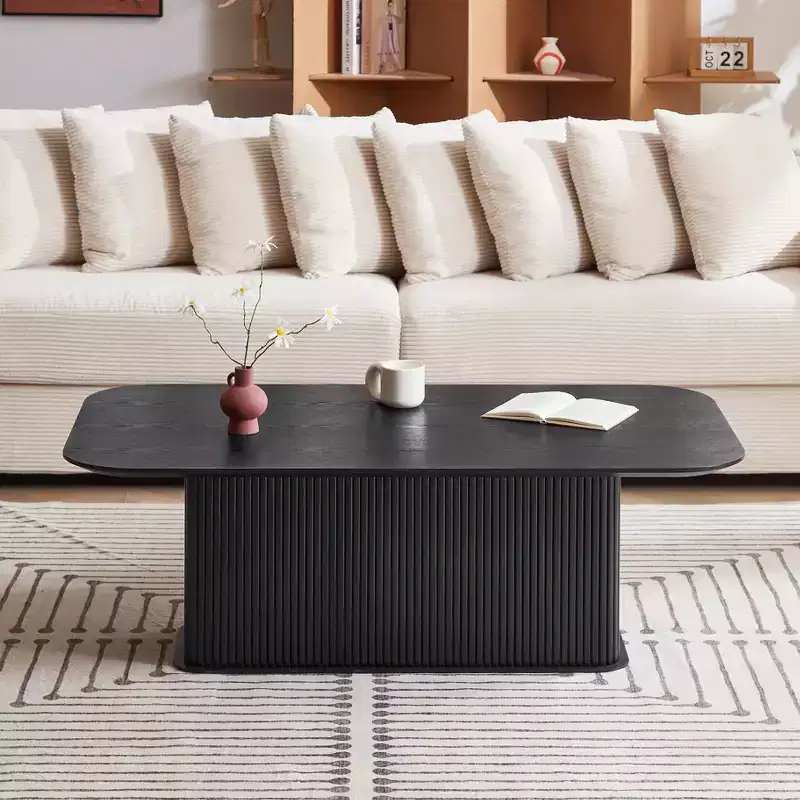 Coffee Table Black Oak Wood Surface and Black Metal Feet