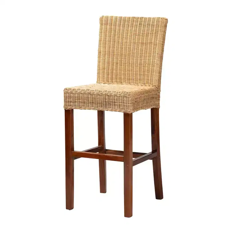 Racquel Natural Rattan & Mahogany Wood Barstool: Ergonomic, No Assembly - bali & pari