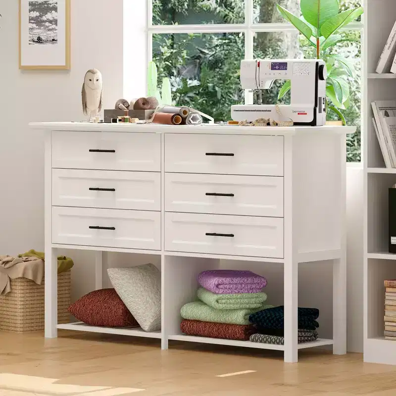 6 Drawer Horizontal Dresser Bottom with Shelf Living Room Storage Cabinet White
