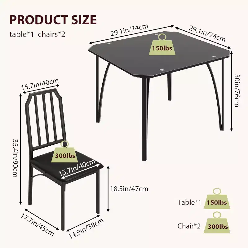 Dining Room Table Set for 2, Kitchen Table Chairs Set of 2 with Ultra Comfortable PU Cushion, Furniture with Kitchen Chairs Suitable for Small Space