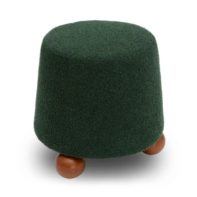 Boucle Upholstered Stool with Solid Wood Legs