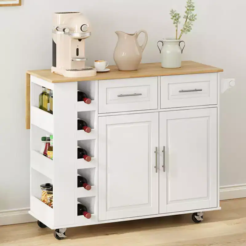 White Kitchen Island Cart with 2-Door Cabinet & 2 Drawers-Rolling Storage Cart with Foldable Rubberwood Table Top,Spice Rack&Wine Rack for Kitchen
