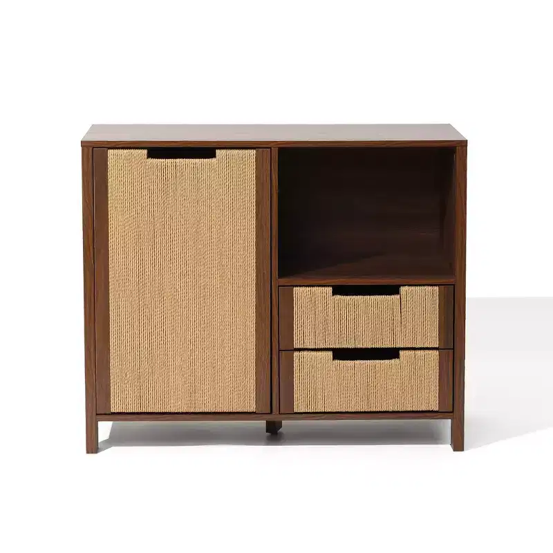 34 Walnut Buffet Cabinet with Storage, Seagrass Boho Woven Rope 2-Drawer Accent Cabinet with Door Brown