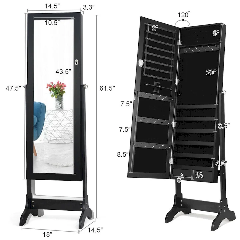 Mirrored Jewelry Storage Cabinet with Drawers and Hooks - 18 x 14.5 x 61.5