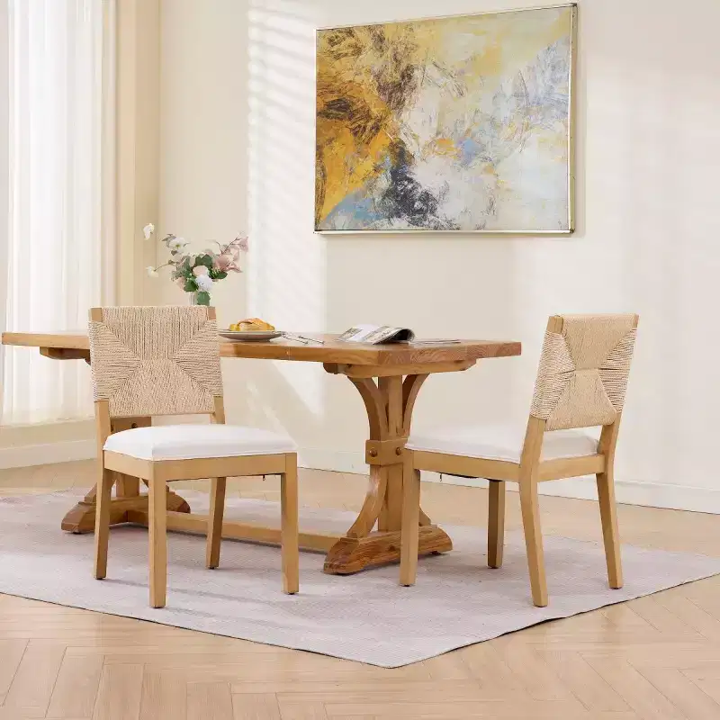 Mid-Century Modern Dining Chairs Set of 2, Solid Wood Dining Room Chairs with Woven Backrest, Linen Upholstered Seat for Kitchen-Panipeachy