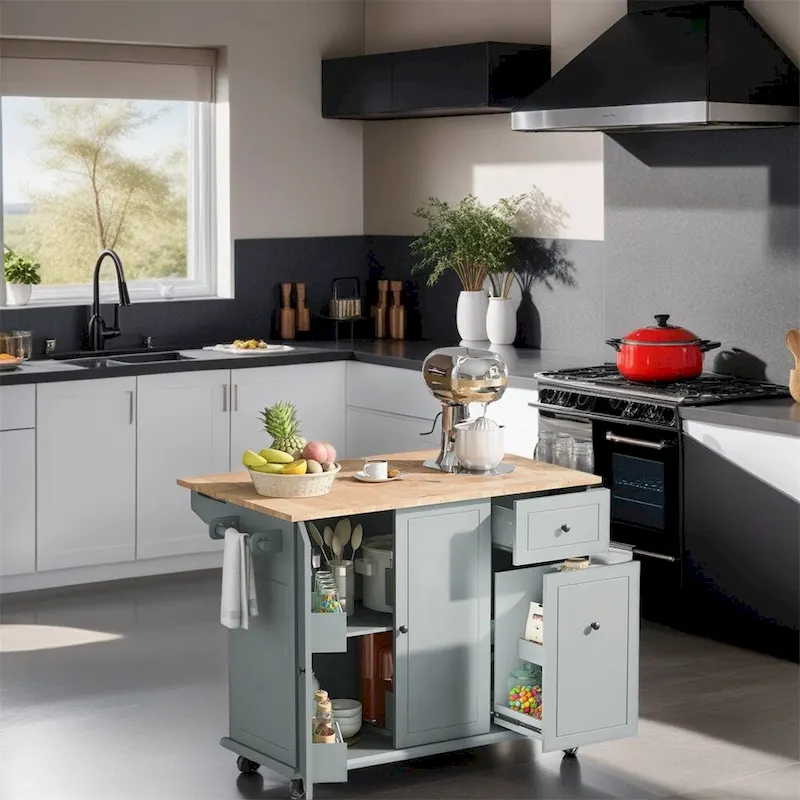 Rolling Kitchen Cart with Internal Storage Rack and Pull Out Cabinet