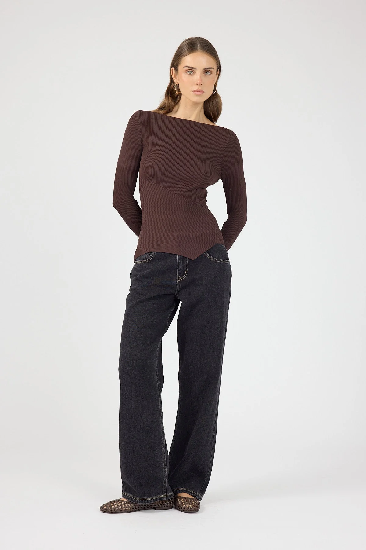 Knit Long Sleeve Top Brown