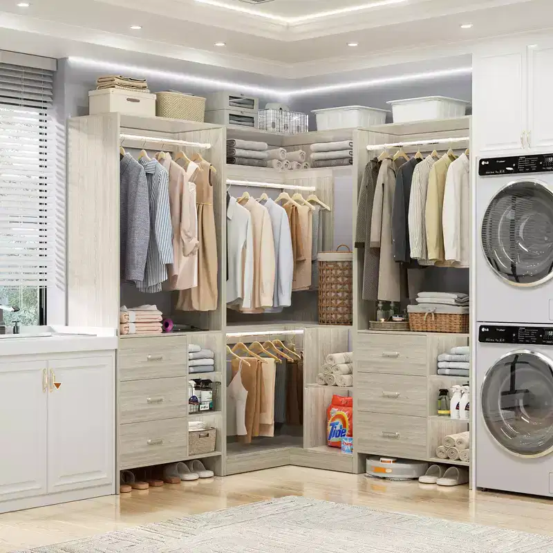 92-In Closet System with Wood Drawers, Corner Closet Organizer with Hanging Rods