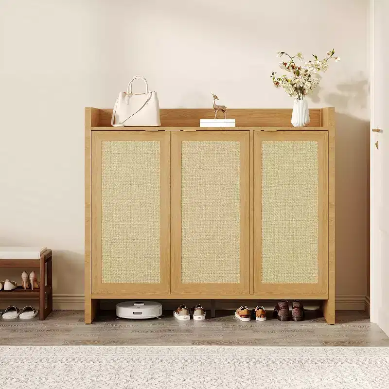 Shoe rack storage cabinet at the entrance, with a door and adjustable, suitable for corridors and living rooms, made of dark oak material