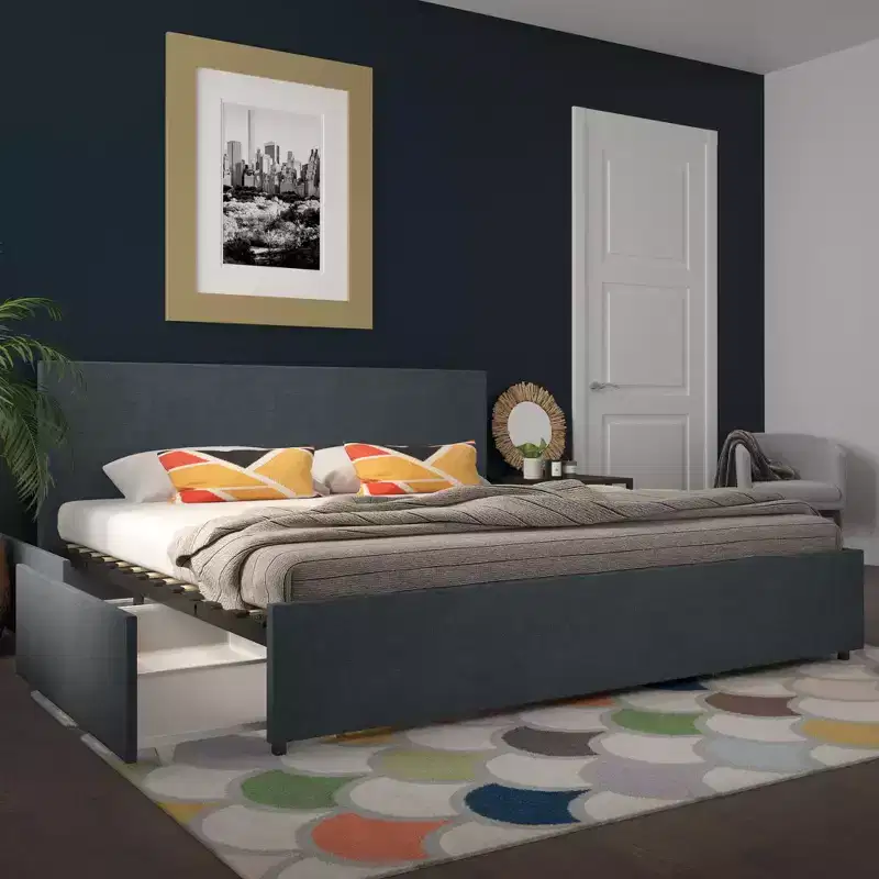 GDFStudio Everleigh Linen Upholstered Platform Bed with 4 Storage Drawers