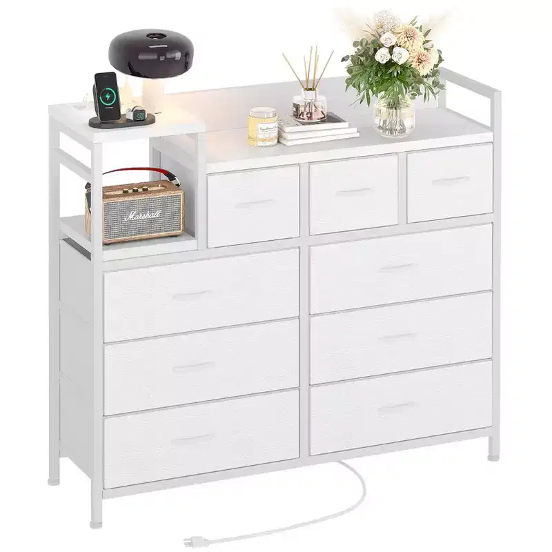 White 39 Fabric Drawer Dresser, Chest of Drawers and Shelf, Modern Dresser with Charging Station, TV Stand Dresser for Bedroom, Living Room