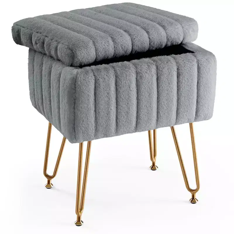 TUYOHW Chic Vanity Stool with Storage,19.8L Plush Faux Fur Footrest Ottoman Makeup Stools,Metal Legs and Anti-Slip Design,200lbs Capcity
