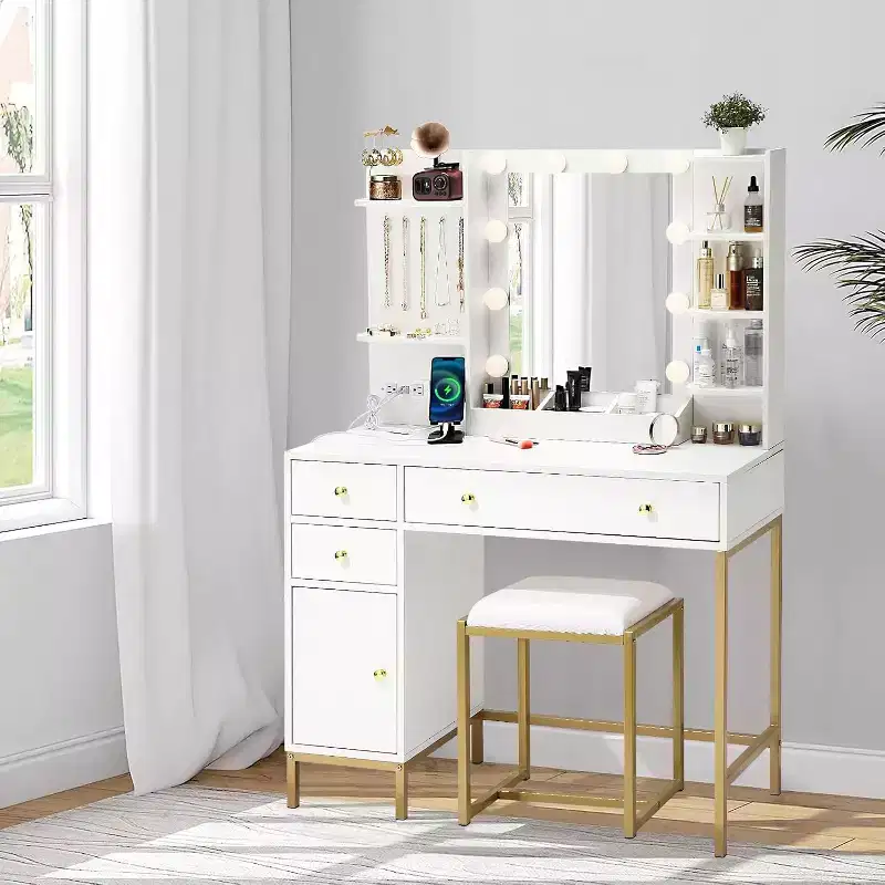 Makeup Vanity Desk with Mirror, Modern Vanity Set with Chair, Make Up Dresser Table with Drawers, Storage Cabinet, Storage Shelves and Jewelry Hooks