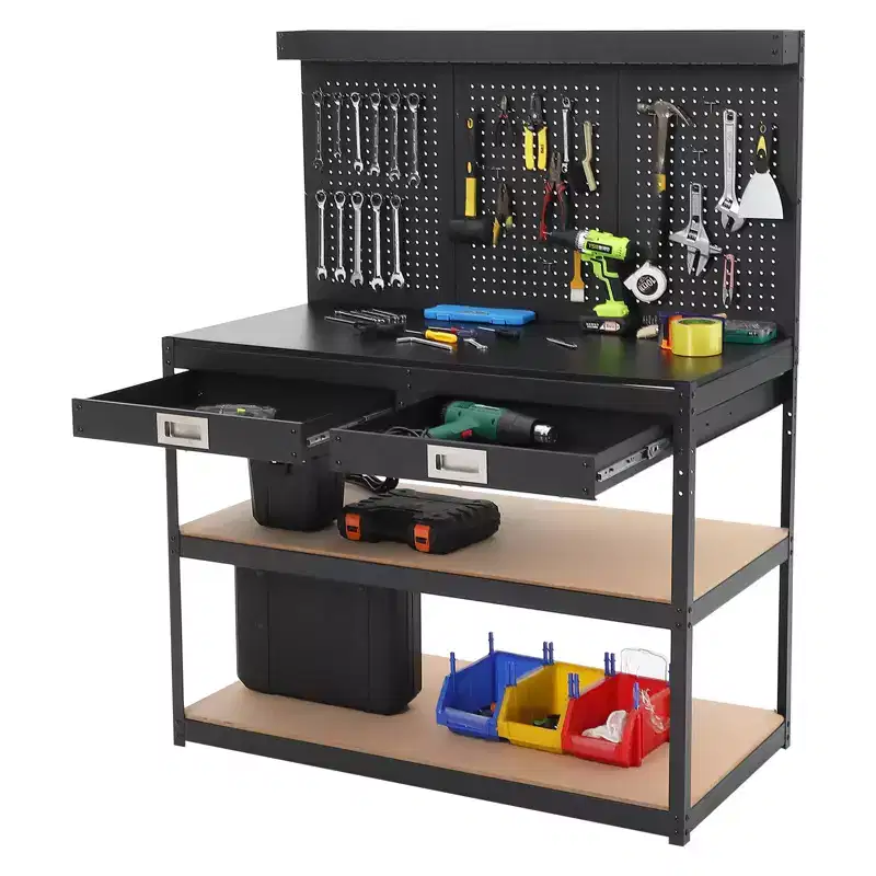 3-Tier Metal Workbench with 2 Drawers, 1000 LBS Capacity - Workshop Workstation with Pegboard & ETL-Certified Power Outlets