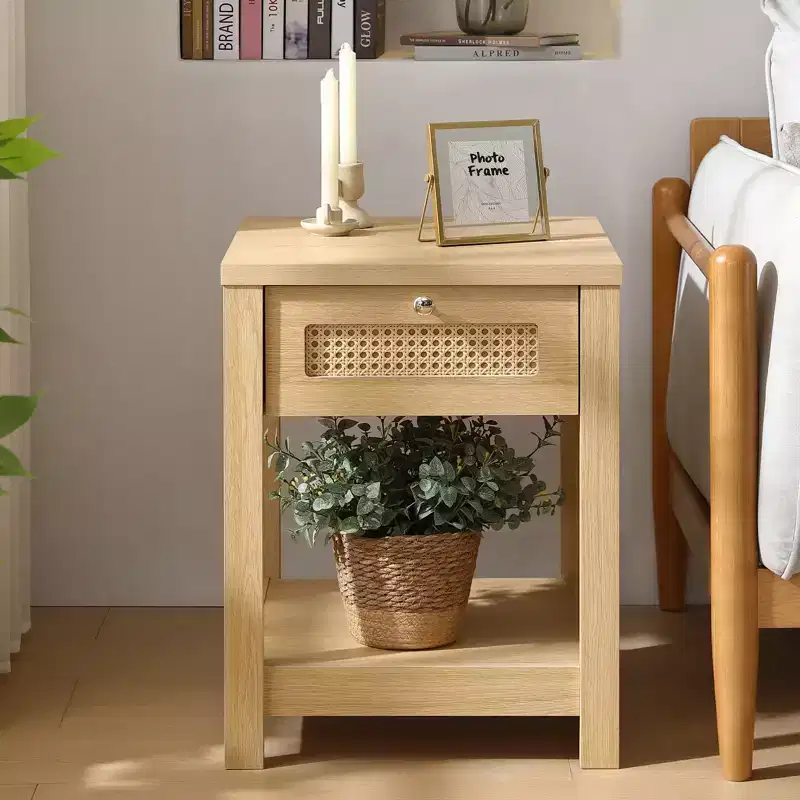 Bekrvio 18-Inch Boho Rattan Nightstand Set of 1/2, Bedside Table w/Drawer & Brass Knobs, Wood End Table w/Open Shelf for Bedroom/Living Room